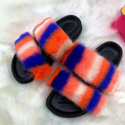 China Fashion Breathable Luxury Fluffy Women Double Strap Faux Fur Slippers Open Toe Slides for sale