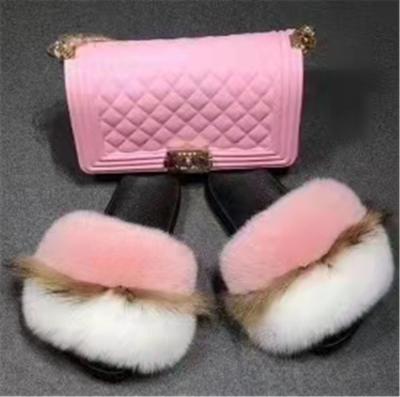 China Fashion Trend Street Style Soft New Women Genuine Fox Fur Slides And Matching Purse for sale