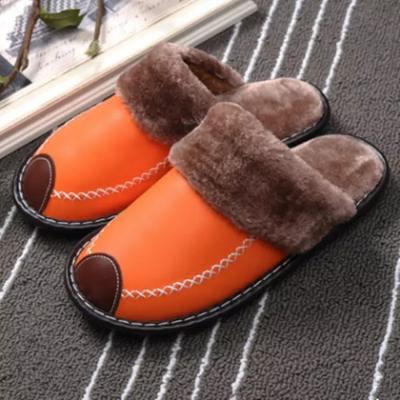 China Breathable Indoor Leather Slippers For Men Winter Genuine Cotton Slippers Warm Non-slip Thick Flat Floor Men's Slippers for sale