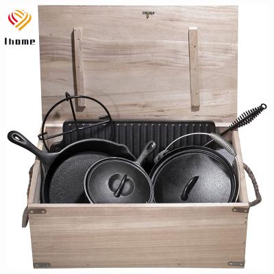 China Outdoor Cooking Tool Ihome Cast Iron Camping Pots For Outdoor Cooking Pot Cast Iron Pot Cookware Sets Non-Stick Cast Iron Barbecue Camping Cookware Set for sale