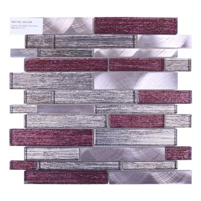 China Luxurious Burgundy Silver Glitter Linear Backed Strips Parquet Mesh Glass Metal Mosaic Slab for sale