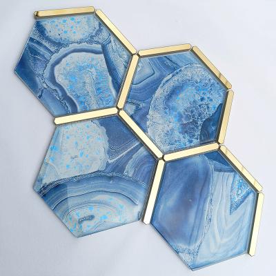 China Factory wholesale modern blue gold bathroom hexagon sea mosaic wall glass mosaics for sale