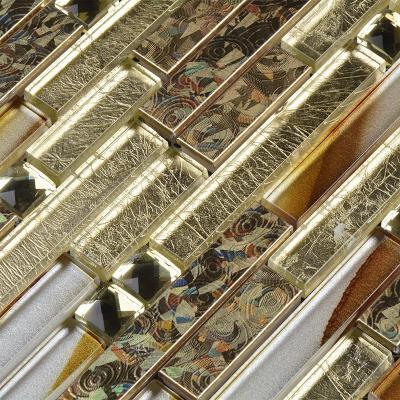 China BSJ124 parquet glazed decorative 3D diamond wall gold foil mirror glass and aluminum mosaic tile for kitchen backsplash for sale