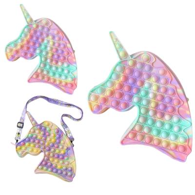 China Toy Silicone Unicorn Fidget Funny Educational Toy Mini Pop Bag Rainbow Push Unicorn Pop Shoulder Bag Push Bubbles Coin Purse for sale