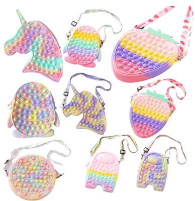 China Funny Educational Sensory Wiggle Person Toy Change Purse of Toy Kids Silicone Push Bubble Toy Unicorn Rainbow Handbag Pop Push for sale