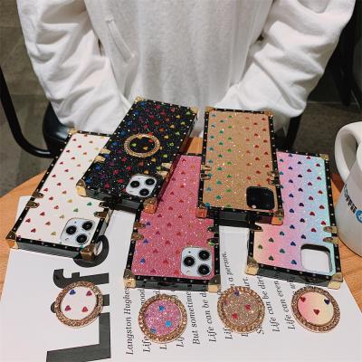 China Bling Girly Phone Case Fashion Heart Design Affectionate Square Shockproof Phone Cover For iphone 13 pro Max Luxury Phone Case With Stand for sale