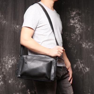 China Black Full Grain Leather Messenger Bag Men Custom Logo Multifunctional Vintage for sale