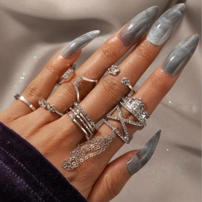 China 6pcs/sets FASHIONABLE Crystal Stone Crown Joint Ring Luxury Place For Women Flower Open Chain Cross Ring Jewelry for sale