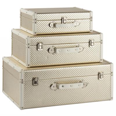 China PU Different Shape Bling Gold Vintage Wooden Suitcase Travel Box for sale