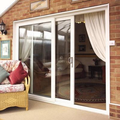 China PVC Profile Frame Waterproof White Plastic Balcony Door Clear Glass Sliding UPVC Doors for sale