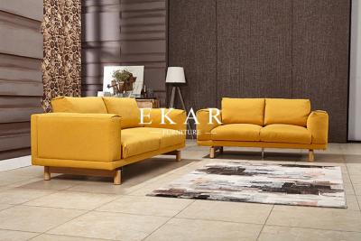 China Wide Couch Set Pine Wood Yellow Fabric Sofa Set for sale