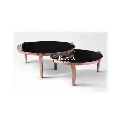 China Round Modern Rose Gold Stainless Steel Glass Coffee Table For Living Room for sale