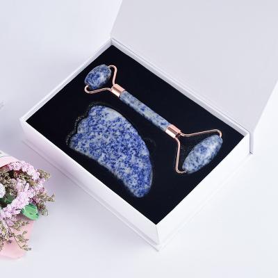 China 2021 new arrival 100% natural lapis lazuli jade anti aging roller massager face roller and guasha facial set for sale