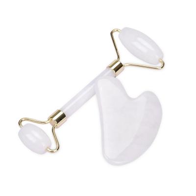 China Anti-Aging In Running Double Head White Jade Stone Roller With Guasha Board Set Beauty Facial Jade Roller for sale