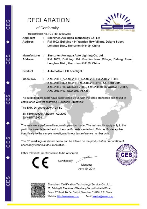 CE - Shenzhen Aoxingda Automotive Lighting Co., Ltd.