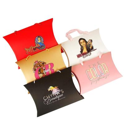 China Recyclable Custom Hair Extension Pillow Packaging Boxes With Handle Wig Pillow Cosmetic Personalized Paper Boxes for sale