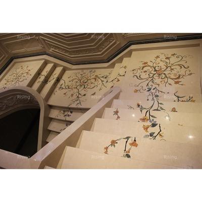 China Modern Luxury Indoor Villa Beige Waterjet Flower Stair Treads and Natural Stone Risers Marble Staircase Design for sale