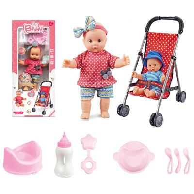 China Educational Toy 12 INCH Role Play House Cotton Doll Carriage Cart Accessories Baby Dolls With Trolley for sale