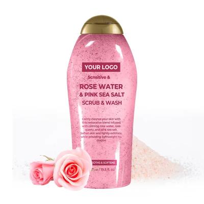 China Soothing Body Scrub With Healing Rose Quartz Gentle Exfoliating Pink Sea Salt Rosewater Body Wash To Soften Smooth Skin for sale