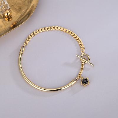 China CLASSIC Trendy Punk Jewelry Black Zircons Charm 18K Gold Plated Cuban Link Chain Bracelet for sale