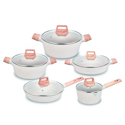 China Sustainable new design 10PCS die cast aluminum cookware pot set oil free and eco-friendly ceramic cookware sets with wooden handle for sale