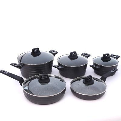 China Sustainable Pressed Aluminum Non Stick Marble Lining Inner Ripple Outside Casserole Cookware Sets for sale