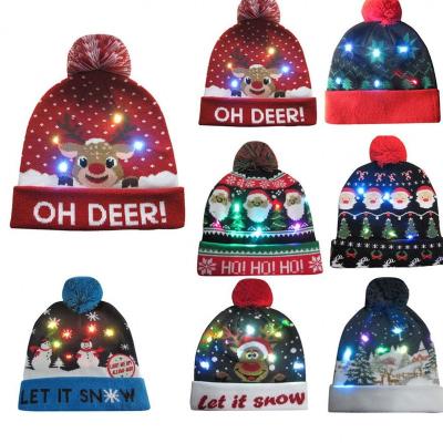 China LED COMMON Xmas Knitted Pompom Beanie Hat Sweater Winter Festival Party Gifts Adults Kids Beanie Hats for sale