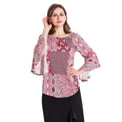 China New Fashion Breathable Irregularly Printed Off The Shoulder Women Summer Chiffon Shirt for sale