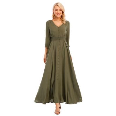 China 2021 Elegant Retro V-Neck Slim Fit Green Breathable Fashion Elegant Women Dresses for sale