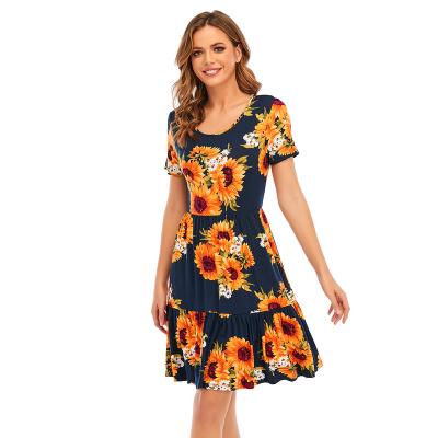 China Breathable Sunflower Special Hot Selling Print Slimming Ladies Dress Knee Length Dress for sale