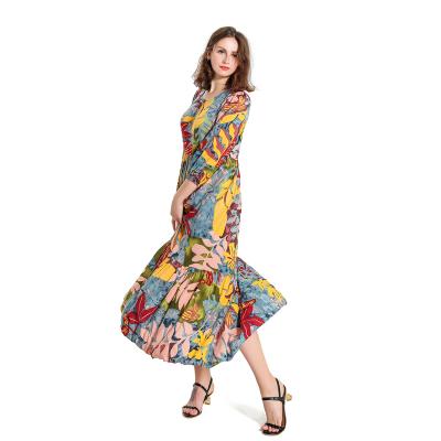 China New Style Breathable Printing Maxi Elegant Women Dresses Flora Loose Chiffon Dress for sale