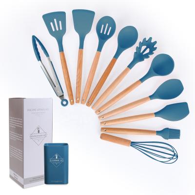 China 11Pieces Silicone Handle Kitchen Utensils Set Silicone Kitchenware Viable Kitchenware Spatula And Wooden Food Clip for sale