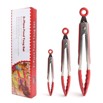 China Kitchen Viable Stanless Steel Tongs Heat Resistant Silicone 7 9 12 Inch BBQ Tongs Red Silicone Tongs Set Of 3 for sale