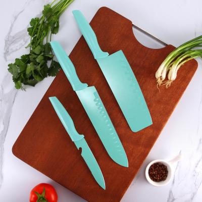 China Sustainable Popular Stick Knife Kitchen 3PCS Non Coating Green Stainless Steel Cooking Knives Set for sale