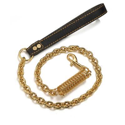 China Personalized Leather Dog Chain Metal Dog Anti-bite Handle Titanium Stainless Steel Cuban Chain Gold Steel Leash for sale