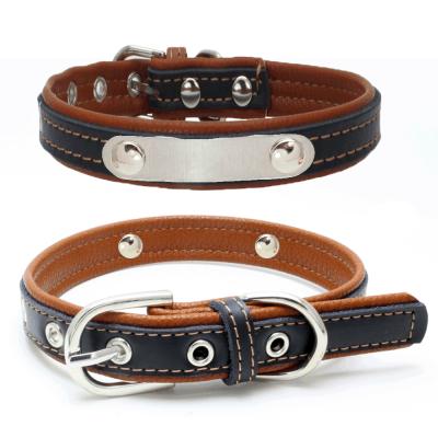 China Custom Personalized Stainless Steel Iron Logo Pet Collar With Lettering Dog Collar Hit Color Genuine Leather Dog Collars for sale