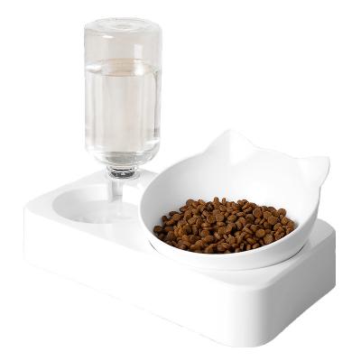 China Automatic Luxury Clear Plastic Feeder Raised Stand Automatic Pet Bowl Cat Food Bowl Double Cat Ear With Water Dispenser for sale