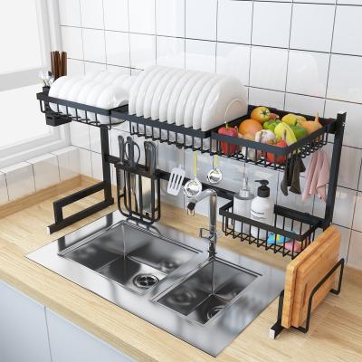 China Traditional Black 2 Tier Dish Rack Kitchen Organizer Dish Drying Rack Above Kitchen Sink Countertop Storage Racks for sale