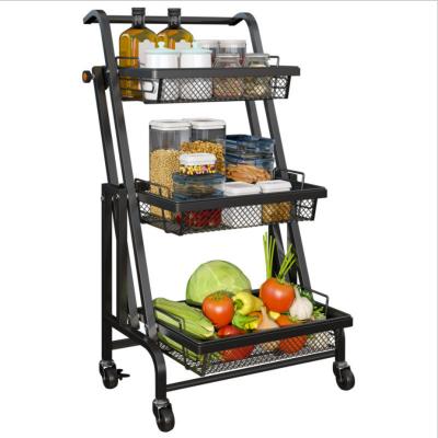 China Cart 3 Tiers Carretilla Collapsible Trolley Folding Trolley Storage Kitchen Mobile Serving Home Rolling Rack for sale