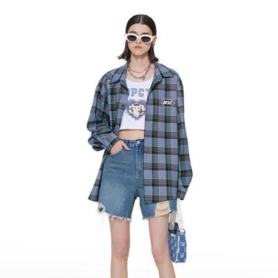 China Anti-pilling American Women Girls New Fashion Wholesale Retro Loose Casual Plaid Printing Long Sleeve Lapel Button Shirt Tops for sale