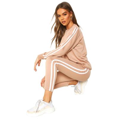 China Positive Feedback Breathable Women Two Piece White Sets Tracksuits Stripes Round Neck Side Jogger Matching Sweatsuit for sale