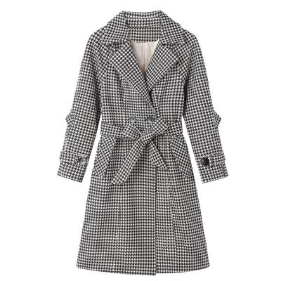 China Wholesale Details All Over Hot Sale Anti-Shrink Ditch Coat Retainer Belt Wrap Closure Button On Houndstooth Fashion Coat for sale