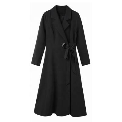 China Anti-Shrink Quick Sampling Drop Elegant Coat For Women Extra Long Wrap Waist Front Strap Tied Ditch Solid Black Coat Dress for sale