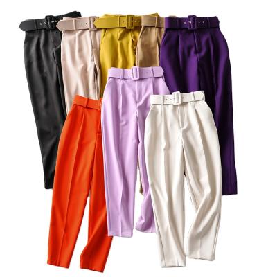 China Wholesale Viable High Waist Solid Color Ladies Pants With Belted for sale