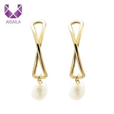 China Hot Sale AIDAILA Wholesale Price Cavity Twist Metal Gold Unfading Baroque Irregular Silver Plated Pearl Stud Earrings For Women for sale