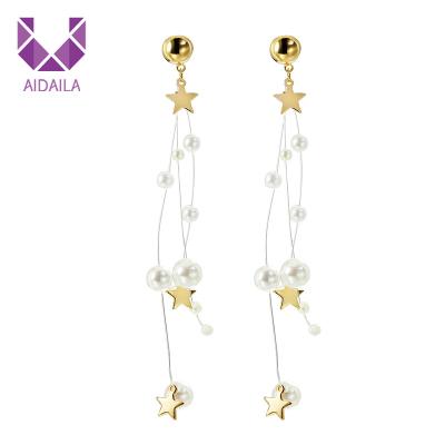 China AIDAILA Korean Pattern Plated Unfading Long Artificial Pearl Bead Dangling Pearl Star Chandelier Earrings for sale