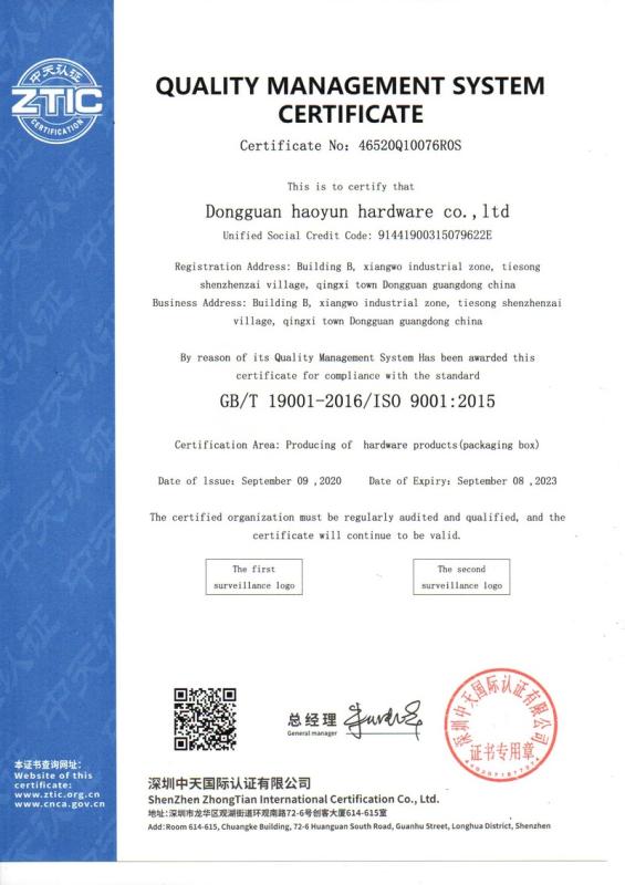 ISO9001 - Dongguan Haoyun Hardware Co., Ltd.