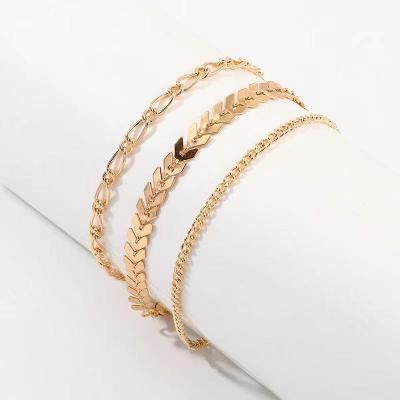 China Factory wholesale 2021 new popular simple texture metal chain anklet leaves leaf three piece anklet for sale