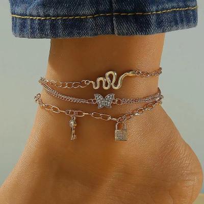 China New Retro CLASSIQUE 2021 Butterfly Foot Chain Three Piece Set Fashion Metal Snake Key Foot Chain Bracelet Multi Beach Chain Women for sale