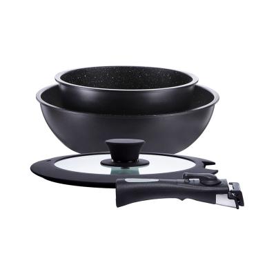 China Sustainable Camping 5PCS Ceramic Nonstick Cookware Set With Removable Pan Handles Portable Cookware Set for sale